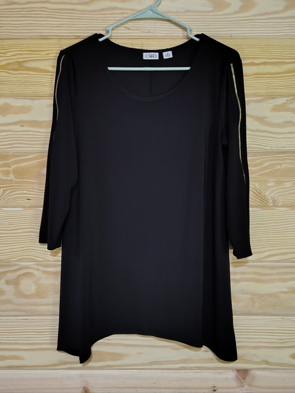 Women's Black Tunic Top Small Long Zipper Sleeves Stretch Goth Lagenlook Dressy